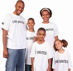 Family of 5 with white Live United t-shirts.